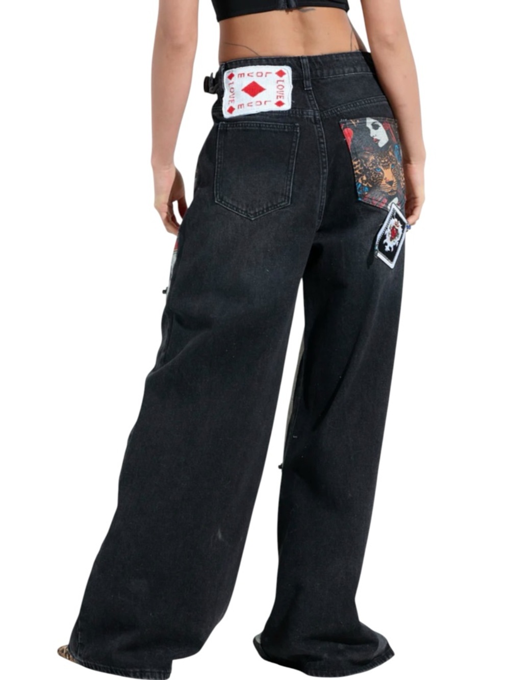 Akira RARE Queen Of Hearts Printed & Embellished Denim Jeans Pants Size 33/17 - Picture 8 of 15